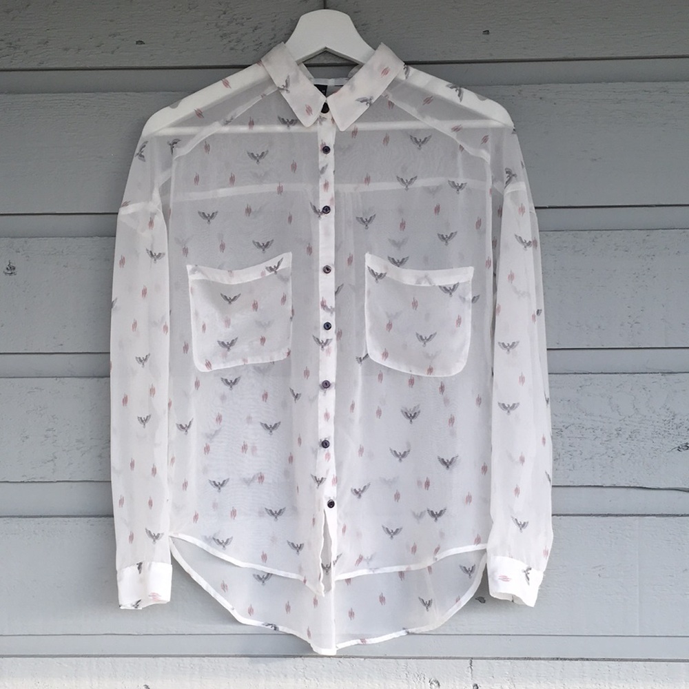 SHEER WHITE BLOUSE LONG SLEEVES WITH POCKETS AND BIRD PATTERN